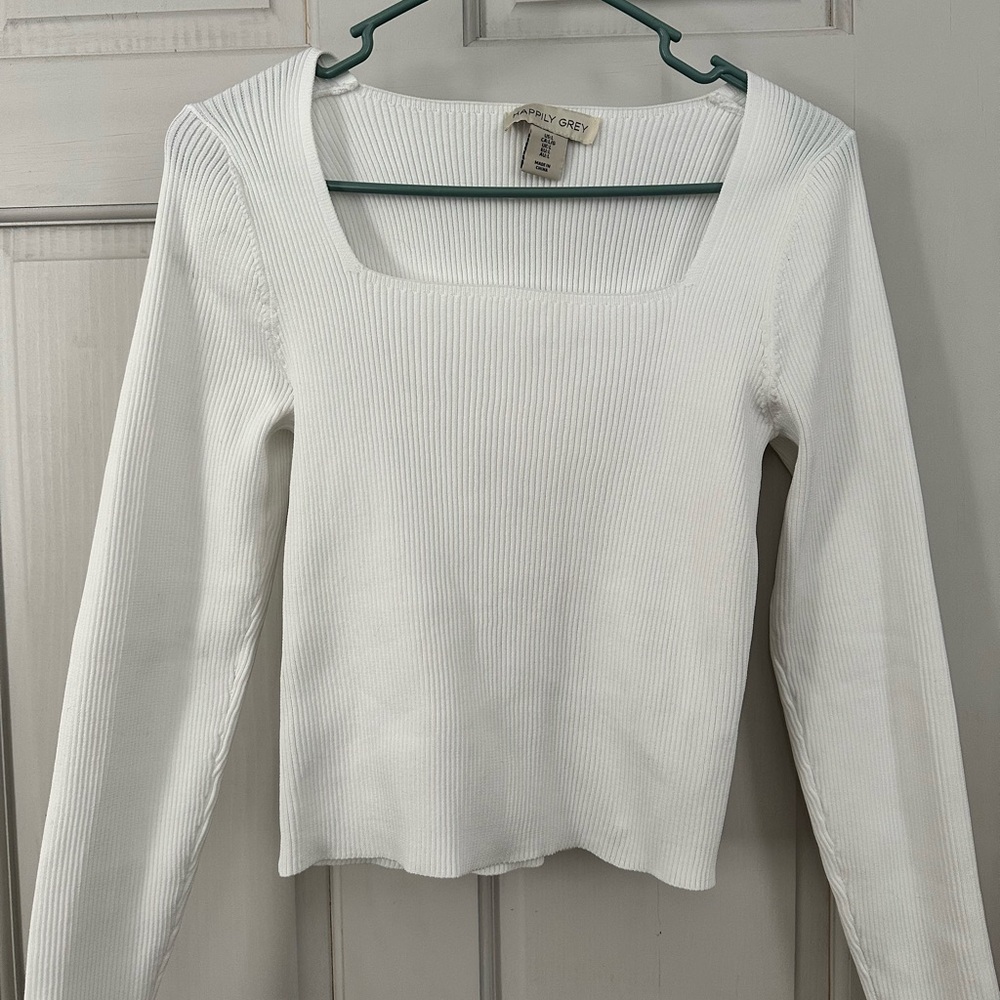 Simply Grey White Ribbed Square Neck Top